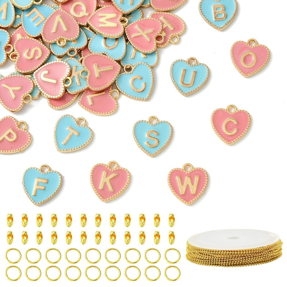 7916 52 Pcs Letter Heart Charms for Jewelry Making A-Z Alphabet Pink Blue